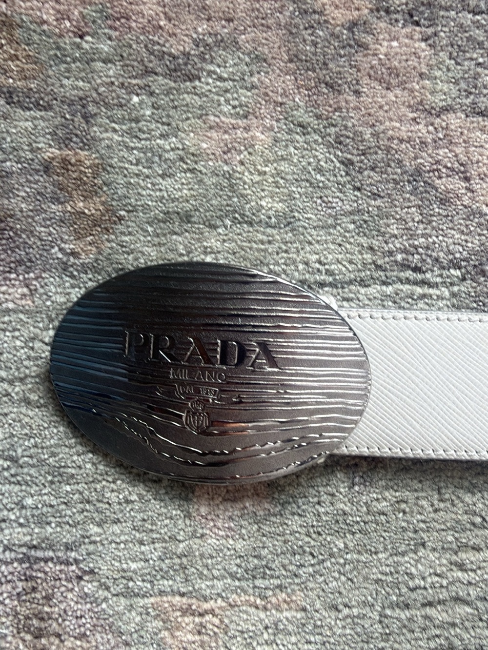 Prada White Saffiano Leather Belt with Silver Oval Logo Buckle